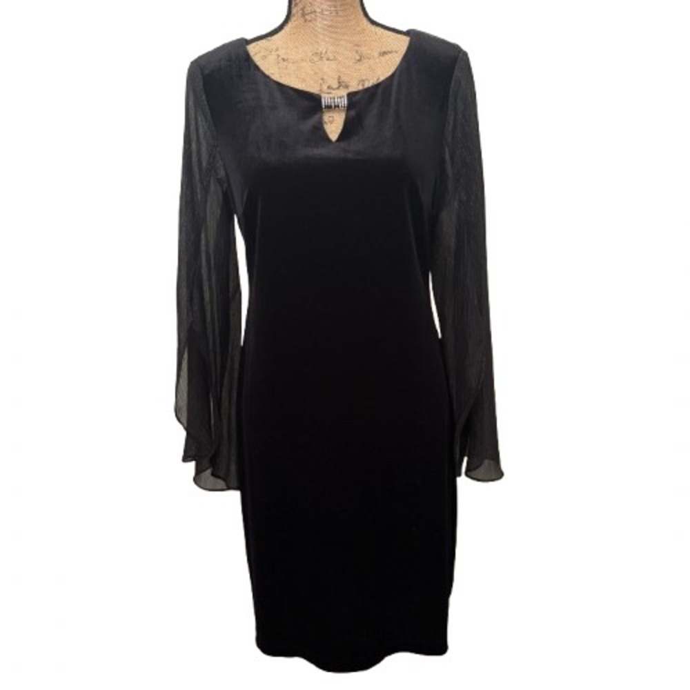 Connected Apparel Black Velvet Shift‎ Dress Sheer Tulip Sleeve Witchy LBD Size 6